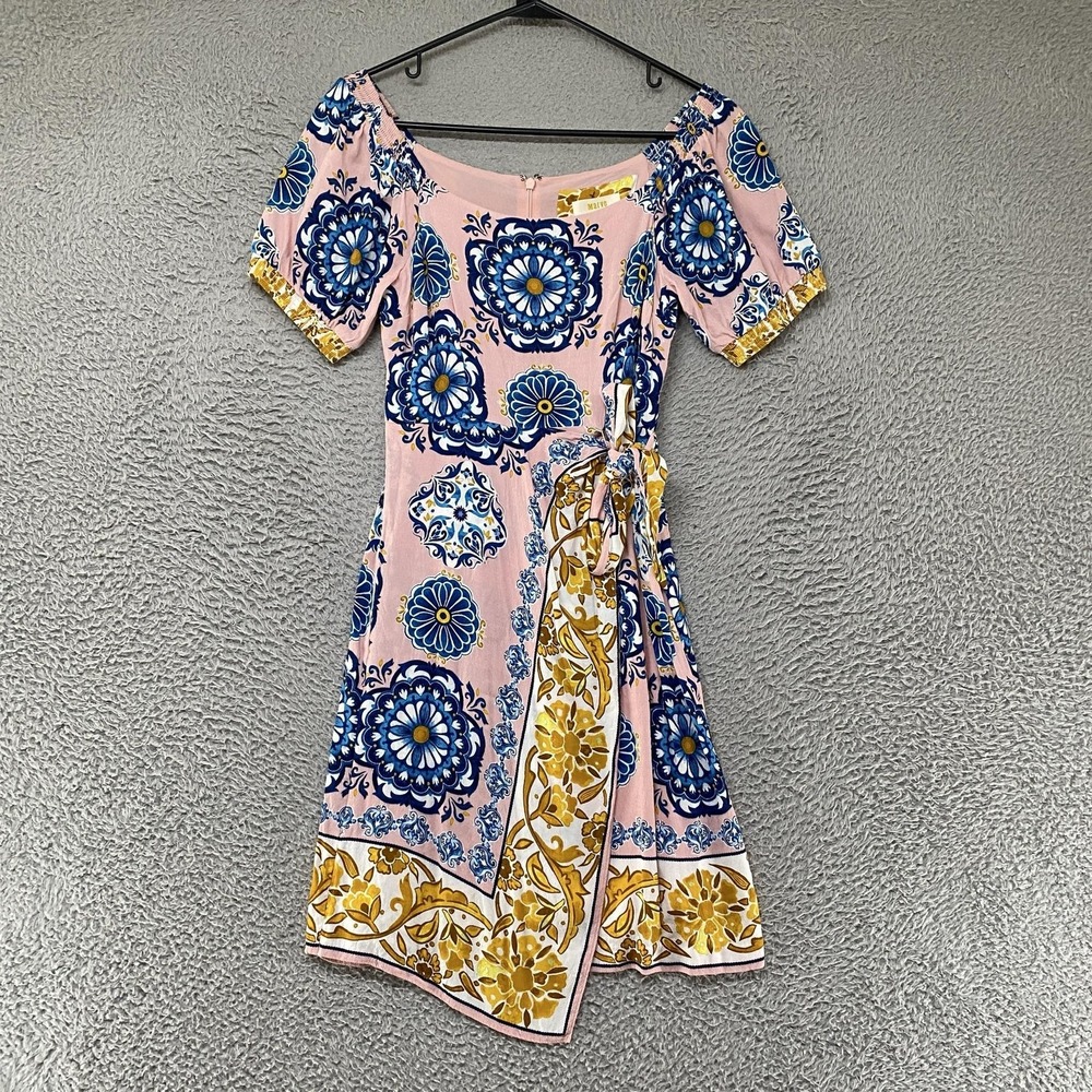 Maeve Anthropologie Wrap Resort Dress Womens 2 Pink Floral Puff Sleeve Mini Boho